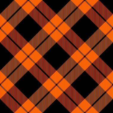 Çapraz tartan Cadılar Bayramı ekoseli. İskoç desenli turuncu ve siyah kafes. İskoç kafesi. Geleneksel İskoç geçmişi. Kusursuz kumaş dokusu. Vektör illüstrasyonu
