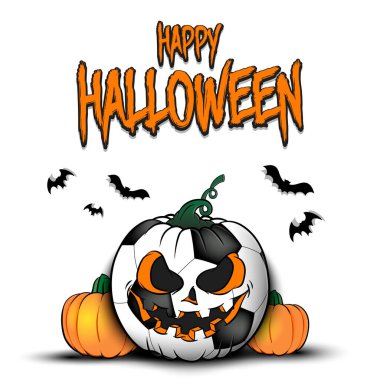 Mutlu Cadılar Bayramı. Şablon futbol tasarımı. İzole edilmiş arka planda balkabağı şeklinde bir futbol topu. Pankart, poster, tebrik kartı, davetiye. Vektör illüstrasyonu