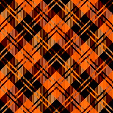 Çapraz tartan Cadılar Bayramı ekoseli. İskoç desenli turuncu ve siyah kafes. İskoç kafesi. Geleneksel İskoç geçmişi. Kusursuz kumaş dokusu. Vektör illüstrasyonu