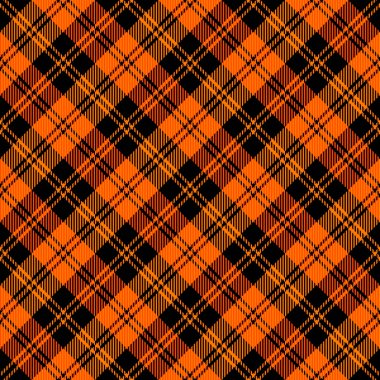 Çapraz tartan Cadılar Bayramı ekoseli. İskoç desenli turuncu ve siyah kafes. İskoç kafesi. Geleneksel İskoç geçmişi. Kusursuz kumaş dokusu. Vektör illüstrasyonu