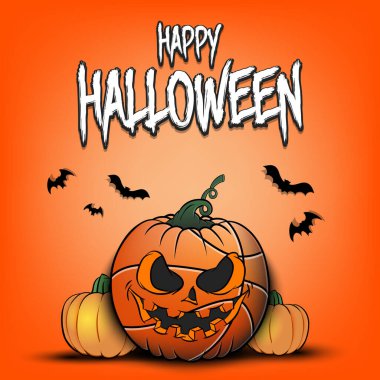 Mutlu Cadılar Bayramı. Şablon basketbol tasarımı. Tenha bir zeminde balkabağı şeklinde basketbol topları. Pankart, poster, tebrik kartı, parti davetiyesi. Vektör illüstrasyonu