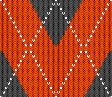 Baklava desenli Cadılar Bayramı deseni. Yün örgü örüyorum. İskoç ekoseli turuncu, siyah ve gri eşkenar dörtlü. Elmasların geleneksel İskoç geçmişi. Kusursuz kumaş dokusu. Vektör illüstrasyonu