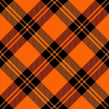 Çapraz tartan Cadılar Bayramı ekoseli. İskoç desenli turuncu ve siyah kafes. İskoç kafesi. Geleneksel İskoç geçmişi. Kusursuz kumaş dokusu. Vektör illüstrasyonu