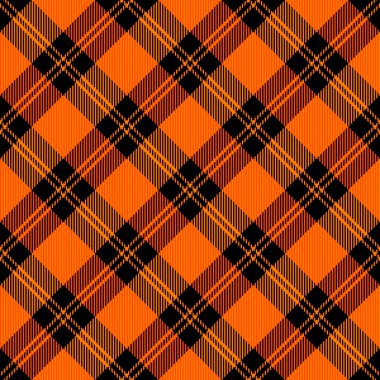 Çapraz tartan Cadılar Bayramı ekoseli. İskoç desenli turuncu ve siyah kafes. İskoç kafesi. Geleneksel İskoç geçmişi. Kusursuz kumaş dokusu. Vektör illüstrasyonu