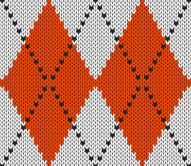 Baklava desenli Cadılar Bayramı deseni. Yün örgü örüyorum. İskoç ekoseli turuncu, siyah beyaz eşkenar dörtlü. Elmasların geleneksel İskoç geçmişi. Kusursuz kumaş dokusu. Vektör illüstrasyonu