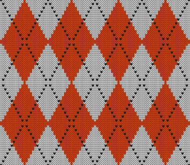 Baklava desenli Cadılar Bayramı deseni. Yün örgü örüyorum. İskoç ekoseli turuncu, siyah beyaz eşkenar dörtlü. Elmasların geleneksel İskoç geçmişi. Kusursuz kumaş dokusu. Vektör illüstrasyonu