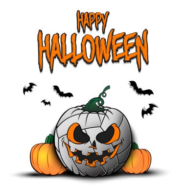 Mutlu Cadılar Bayramı. Kabak şeklinde voleybol topu ve izole bir zemin üzerinde balkabağı. Pankart, poster, tebrik kartı, davetiye. Vektör illüstrasyonu