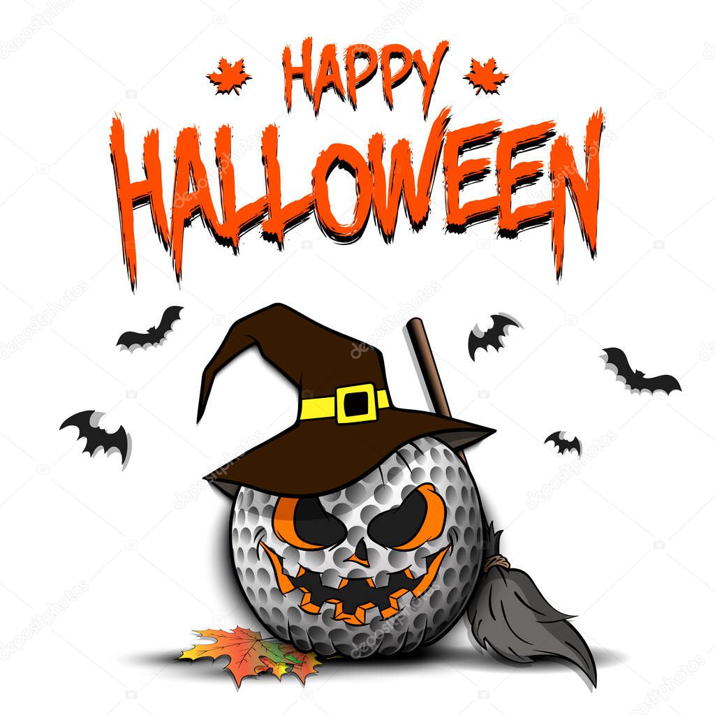 Happy Halloween. Template golf design. Golf ball in the form of a pumpkinin in witch hat on an isolated background. Pattern for banner, poster, greeting card, invitation. Vector illustration