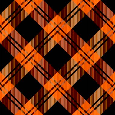 Çapraz tartan Cadılar Bayramı ekoseli. İskoç desenli turuncu ve siyah kafes. İskoç kafesi. Geleneksel İskoç geçmişi. Kusursuz kumaş dokusu. Vektör illüstrasyonu