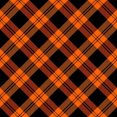 Çapraz tartan Cadılar Bayramı ekoseli. İskoç desenli turuncu ve siyah kafes. İskoç kafesi. Geleneksel İskoç geçmişi. Kusursuz kumaş dokusu. Vektör illüstrasyonu