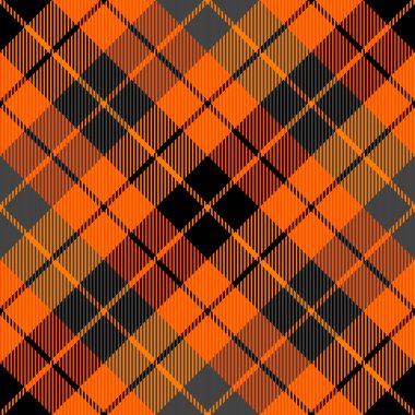Çapraz tartan Cadılar Bayramı ekoseli. İskoç desenli turuncu ve siyah kafes. İskoç kafesi. Geleneksel İskoç geçmişi. Kusursuz kumaş dokusu. Vektör illüstrasyonu