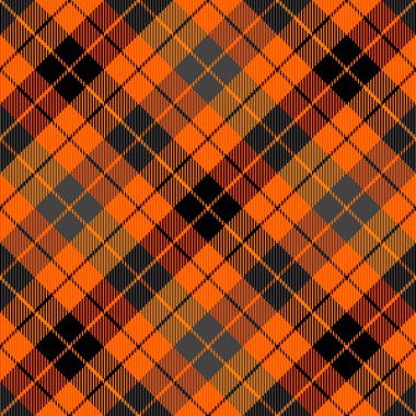 Çapraz tartan Cadılar Bayramı ekoseli. İskoç desenli turuncu ve siyah kafes. İskoç kafesi. Geleneksel İskoç geçmişi. Kusursuz kumaş dokusu. Vektör illüstrasyonu