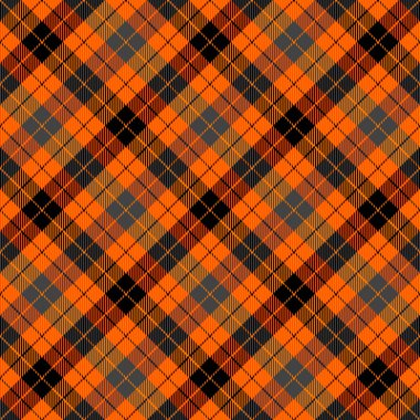 Çapraz tartan Cadılar Bayramı ekoseli. İskoç desenli turuncu ve siyah kafes. İskoç kafesi. Geleneksel İskoç geçmişi. Kusursuz kumaş dokusu. Vektör illüstrasyonu