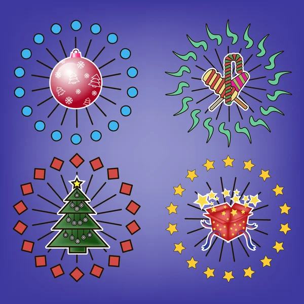 Boîte avec cadeaux, sapin de Noël, bonbons sucrés, boule de Noël — Image vectorielle