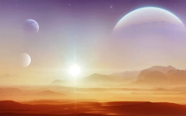 Uyduları, yıldızları, sisi, kızıl kayası ve çorak çöl yüzeyi ve dağların üzerinde güneşi olan mavi, mor ve sarı gökyüzü bilim kurgu gezegeninin gerçekçi bir temsili.