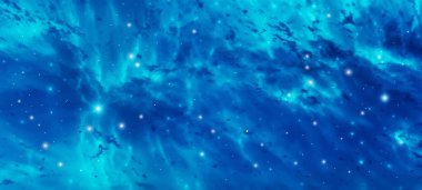 Evrenin ya da uzayın parlak yıldızları, galaksisi, nebulası, yıldız tozu, panoramik yıldızlı gece gökyüzü arkaplanı koyu mavi ve beyaz renklerde olan derin uzay evreninin bilim kurgu görsel gerçekçi vektör çizimi