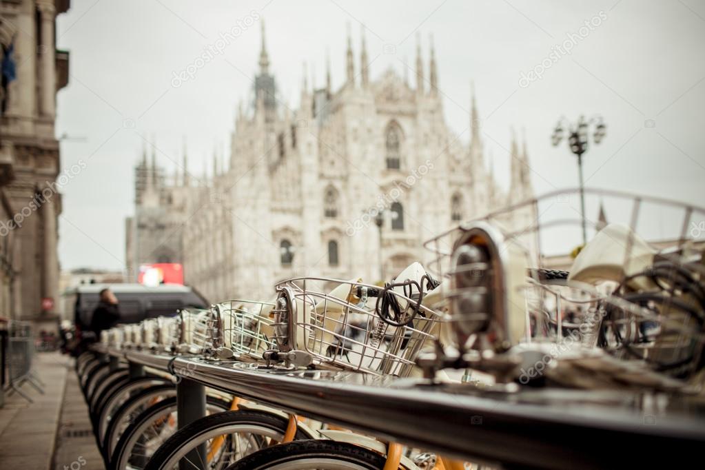 different view to Duomo di Milano, Renting bicycle park in Milano, Italy