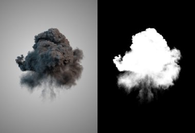 Siyah duman alfa kanalı içeren bir patlamadan sonra tehlikeli ve dramatik bulut 3d render