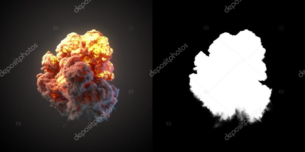 Large explosion with black smoke in dark 3d rendering