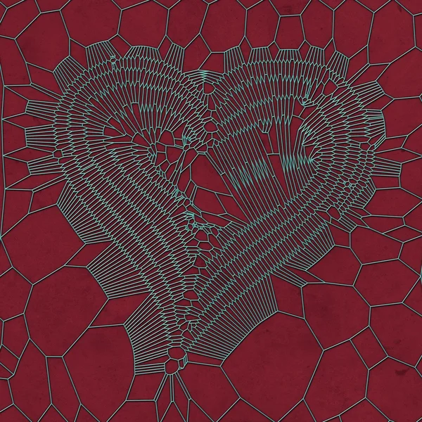 Blue metallic heart abstract pattern on red background. 3d rendering