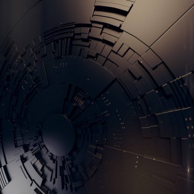 Koyu fütüristik dairesel geometrik desen. Yüksek teknoloji ve soyut bilim geçmişi. Grafik tasarımı. 3d dijital resimleme