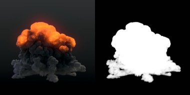 Alpha Channel Mtte 'li gerçek dev yangın patlamaları. Karanlık arka planda karanlık duman izleri var. Alevler alevleniyor. Dijital illüstrasyon 3d oluşturma