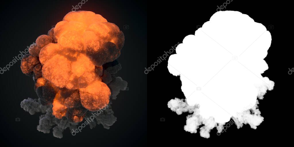Close up hot explosion with dark smoke. Abstract cg digital illustration with alpha channel matte to compose. 3d rendering