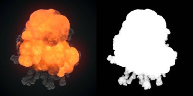 Grafik tasarımı için arka planda duman izleri olan yangın patlaması. Alfa kanal mat ile soyut arkaplan. Işık efekti. 3d dijital resimleme