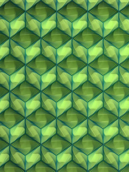 新绿色立方体等距投影与彩色螺旋线框几何图案 迷幻的抽象背景 3D渲染数字图像 — 图库照片