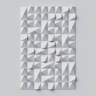 Rastgele düzenlenmiş geometrik şekillerin beyaz geometrik biçimlendirilmiş desenli dikdörtgenleri soyut 3d işlemeli sanat arkaplanı. Moda tasarım elemanı. Modern fütürist konsept. Dijital illüstrasyon