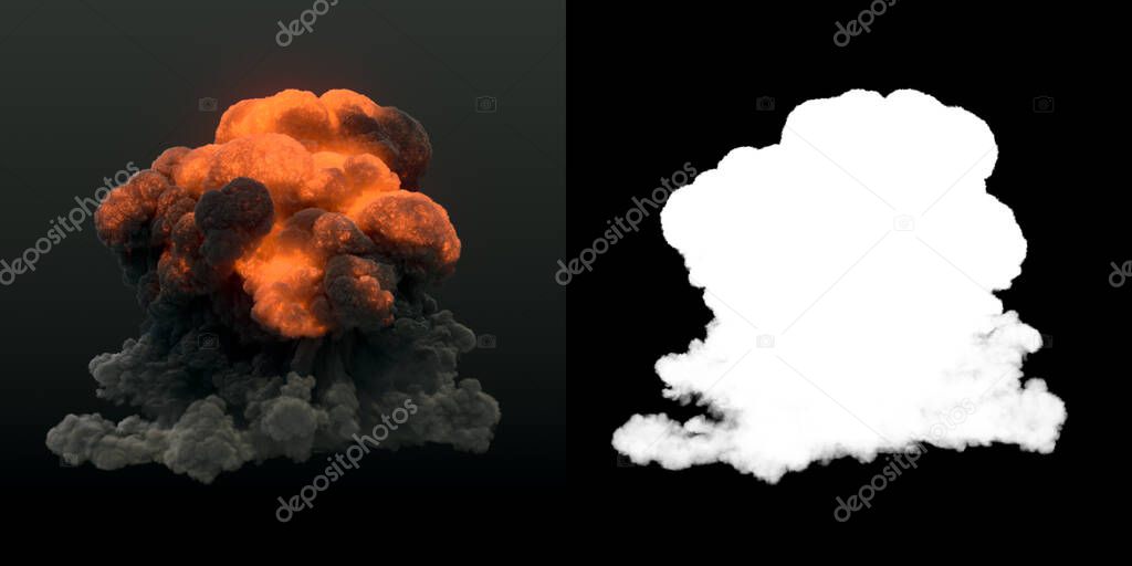 Fire explosions with smoke trails isolated on dark background. Alpha channel. Burning flames igniting, giant real gas explosion. 3d rendering digital illustration