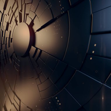 Moda tarzında parıldayan elementlerle siyah yüksek teknoloji soyut arka plan. Modern fütürist kapak tasarımı. 3D tasarımı bilim kurgu fütüristik kullanıcı arayüzü, HUD, teknoloji. Dijital illüstrasyon