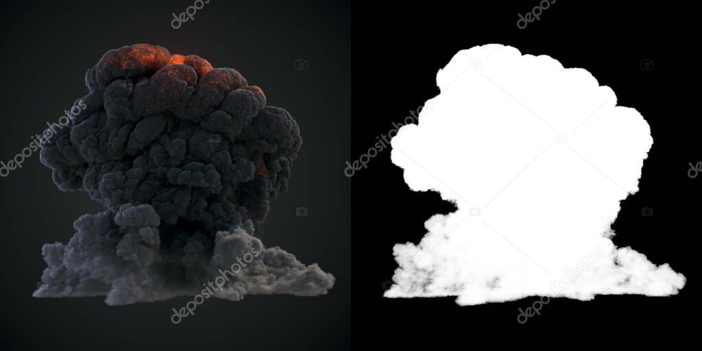 Highly realistic fire explosions with dark smoke and alpha matte to compose. 3d rendering digital illustration