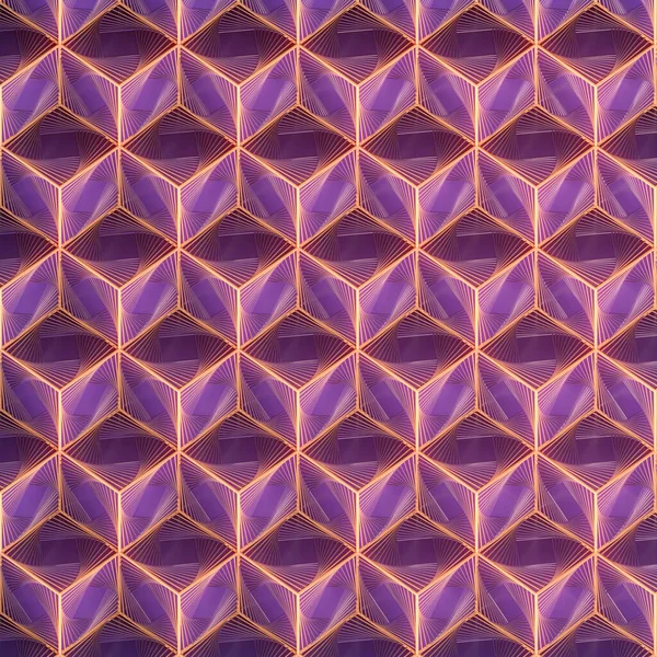 用彩色螺旋线框几何图案绘制发亮紫色立方体等距投影的三维数字图像 优雅的艺术设计 — 图库照片