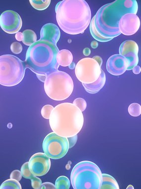 Moda holografik sıvı damlalar, harika grafik tasarım. Çok renkli arka plan. 3D sıvı yaratıcı bileşim. Alanın derinliği. Dijital illüstrasyon