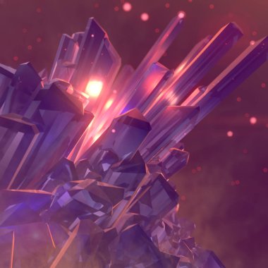 Parlayan parçacıklar yayan sihirli kristal. Alanın derinliği ile soyut arkaplan oluşturuluyor. Parlak fütüristik fon. Lüks güzellik konsepti. Dijital illüstrasyon