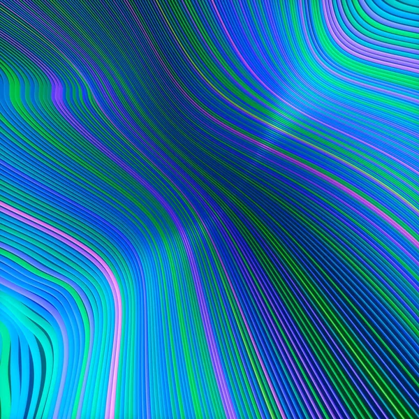 条纹图案浮动多色线条的波浪形数字图像 流行的抽象模板与弯曲的彩虹线 创意五彩缤纷的装饰 3D渲染 — 图库照片
