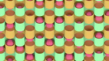 Tekrarlayan geometrik desenli kusursuz üç boyutlu animasyon. Küreler yeşil ve sarı silindirler arasında pürüzsüzce yuvarlanıyor. Çocuklar ve yaratıcı projeler için parlak, eğlenceli bir geçmiş 4K