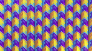 Merdiven şeklindeki elementlerden oluşan hareketli geometrik deseni içeren parlak ve dinamik bir 4K animasyonu. Animasyonda mor, mavi ve sarı tonlarda parlak, şehvetli paneller yer alıyor. 3d hazırlayıcı