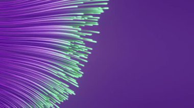 Optik fiberi andıran üç boyutlu bir çizgi akışı. Mor 'dan açık yeşile doğru eğimli olan çizgiler, ekranı sorunsuzca doldurarak güzel ve dinamik bir arkaplan oluşturuyor.