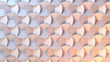 Üç boyutlu dönen elementlerin büyüleyici bir şablonunu içeren soyut bir 4K arka plan. Pastel renklerde, şeftaliden serin maviye doğru değişen bir döngü. Minimalist ve zarif