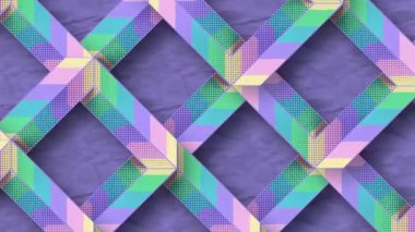 Seamless 3D animation of intertwining square frames on a purple background. An 80s-style geometric pattern with a crumpled paper texture and pastel colors. Retro design for motion graphics