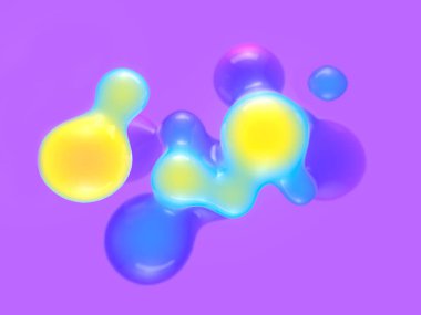 Sıvı ile dijital illüstrasyon, yumuşak, yuvarlak şekilli, mor arkaplanda parlak bir gradyanı olan yüzen damlalar. 3d oluşturma