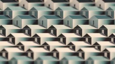 Gerçeküstü üç boyutlu animasyon ve bir dizi ev. Gayrimenkul, banliyö ve üniforma geliştirme teması üzerine atmosferik bir arka plan. Klasik tarzda kusursuz, döngüsel animasyon.