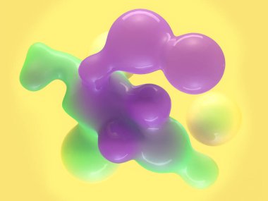 Yeşil-mor bir gradyan ile parıldayan yumuşak, akan damlacıkların dijital çizimi. Sarı arka plan kompozisyonun parlaklığını ve dinamizmini arttırır. 3d oluşturma