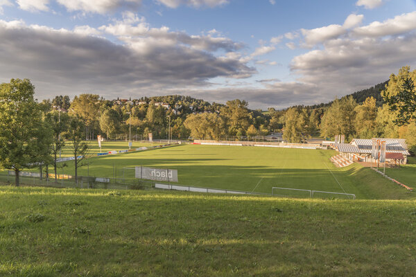 View from the spa garden to the football ground of Grafenau in the Bavarian Forest