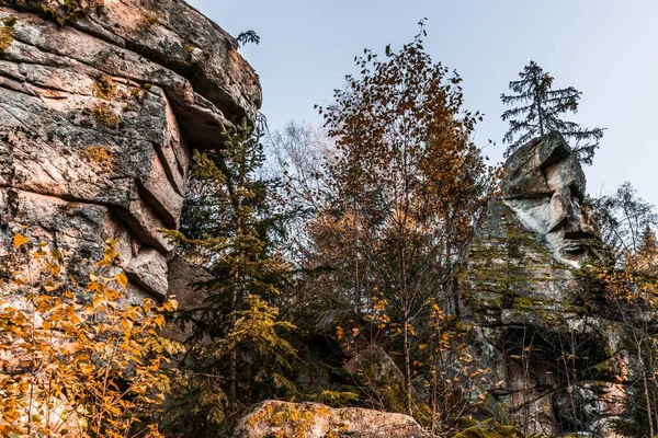 Mystical rock group and stone group Teufelsstein near the Teufelsmuehle near Rattenberg with the rock face a face or grimace of a devil\'s face natural origin and natural phenomenon, Bavarian Forest