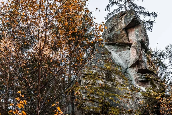 Mystical rock group and stone group Teufelsstein near the Teufelsmuehle near Rattenberg with the rock face a face or grimace of a devil\'s face natural origin and natural phenomenon, Bavarian Forest