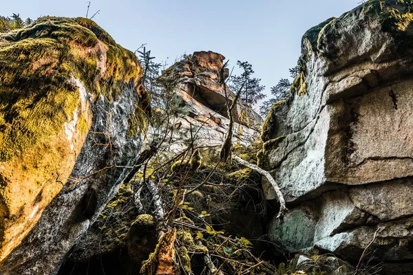 Mystical rock group and stone group Teufelsstein near the Teufelsmuehle near Rattenberg with the rock face a face or grimace of a devil's face natural origin and natural phenomenon, Bavarian Forest