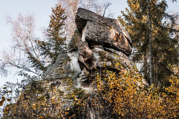 Mystical rock group and stone group Teufelsstein near the Teufelsmuehle near Rattenberg with the rock face a face or grimace of a devil\'s face natural origin and natural phenomenon, Bavarian Forest